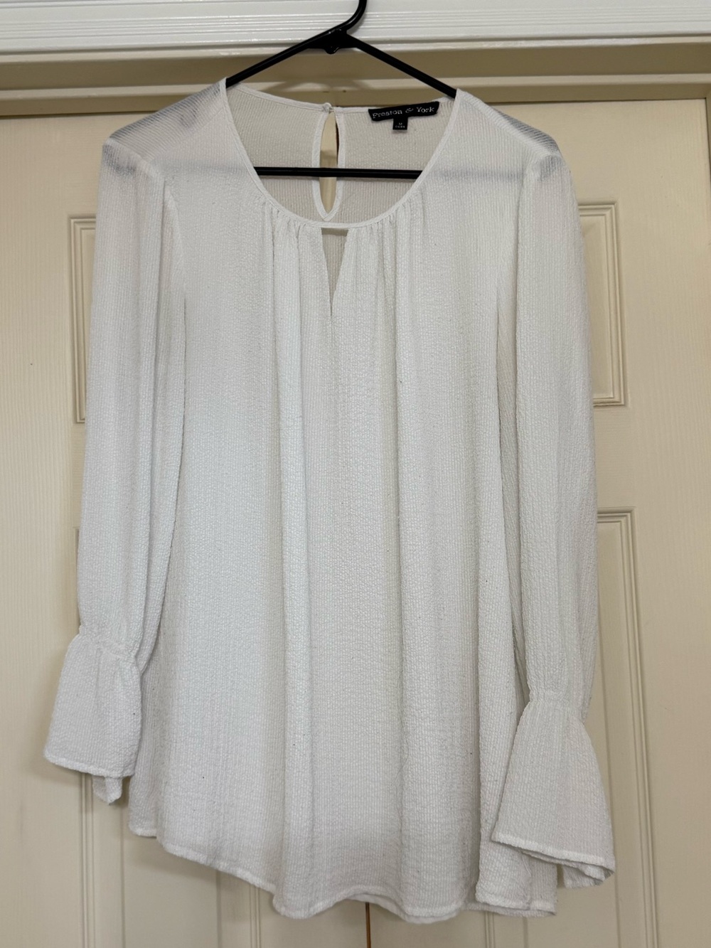 Preston & York White Textured Peasant Blouse with Flared Cuffs
